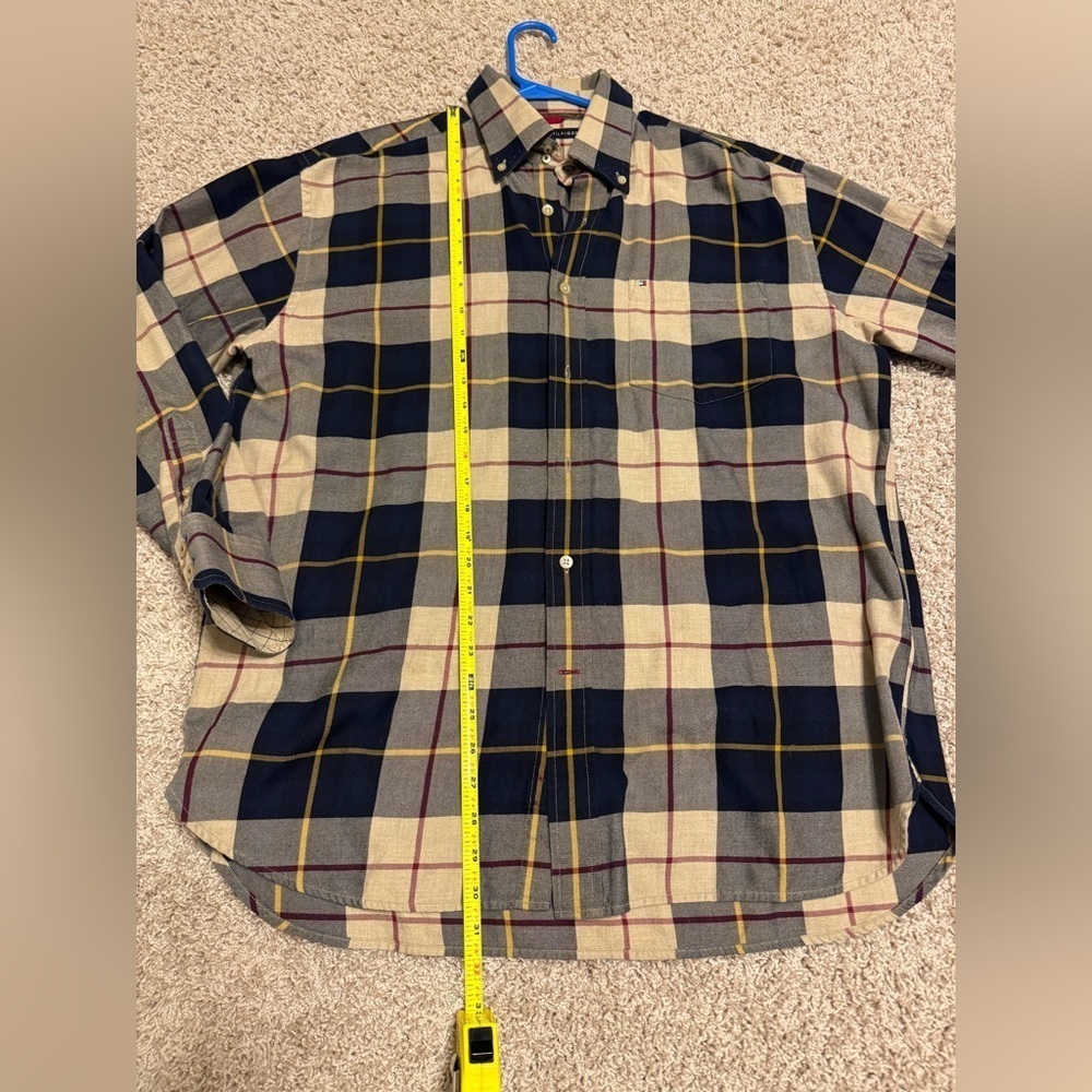 Tommy Hilfiger Plaid Men's Shirt - Navy and Beige Sz L